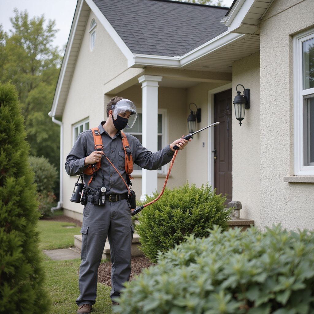 Pest control technician spraying insecticide around a house entrance.
