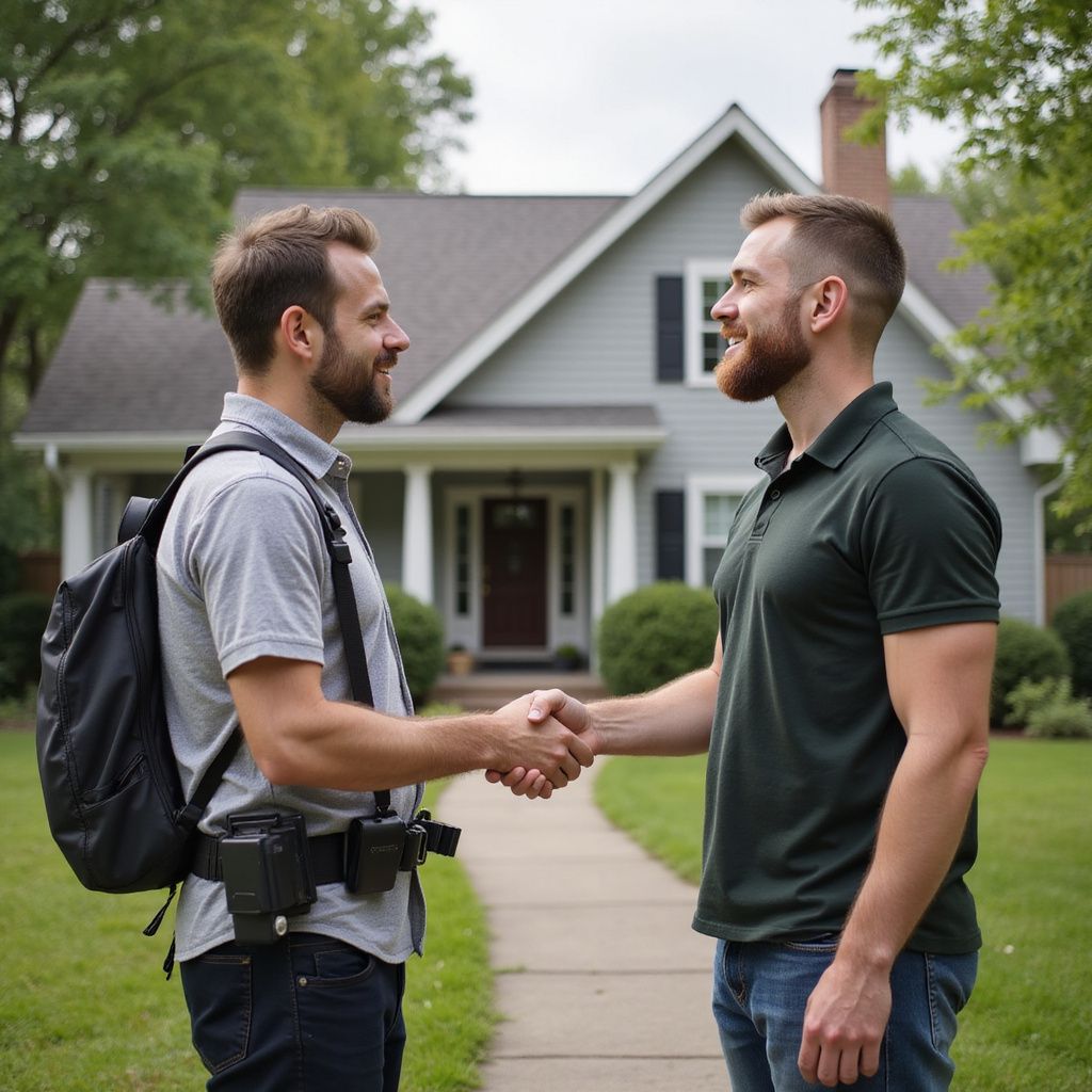 Two men shaking hands in front of a house. One wears a backpack and tool belt.