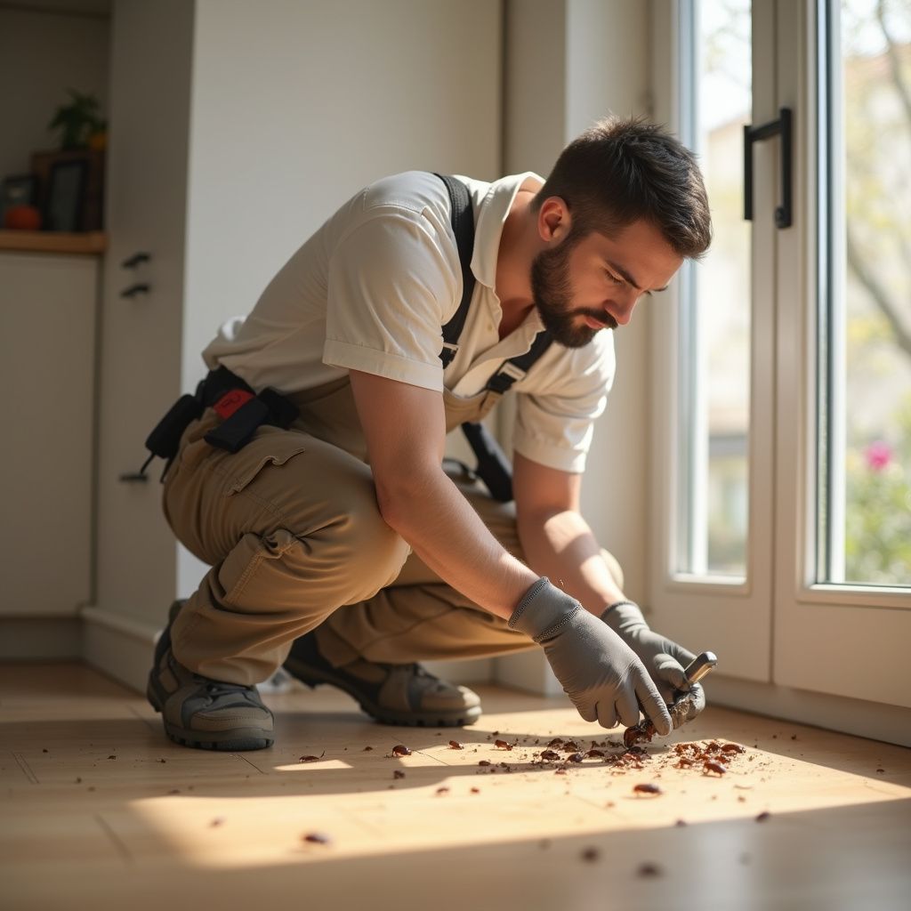 Man in work clothes crouches, inspecting debris on a wooden floor near a window.