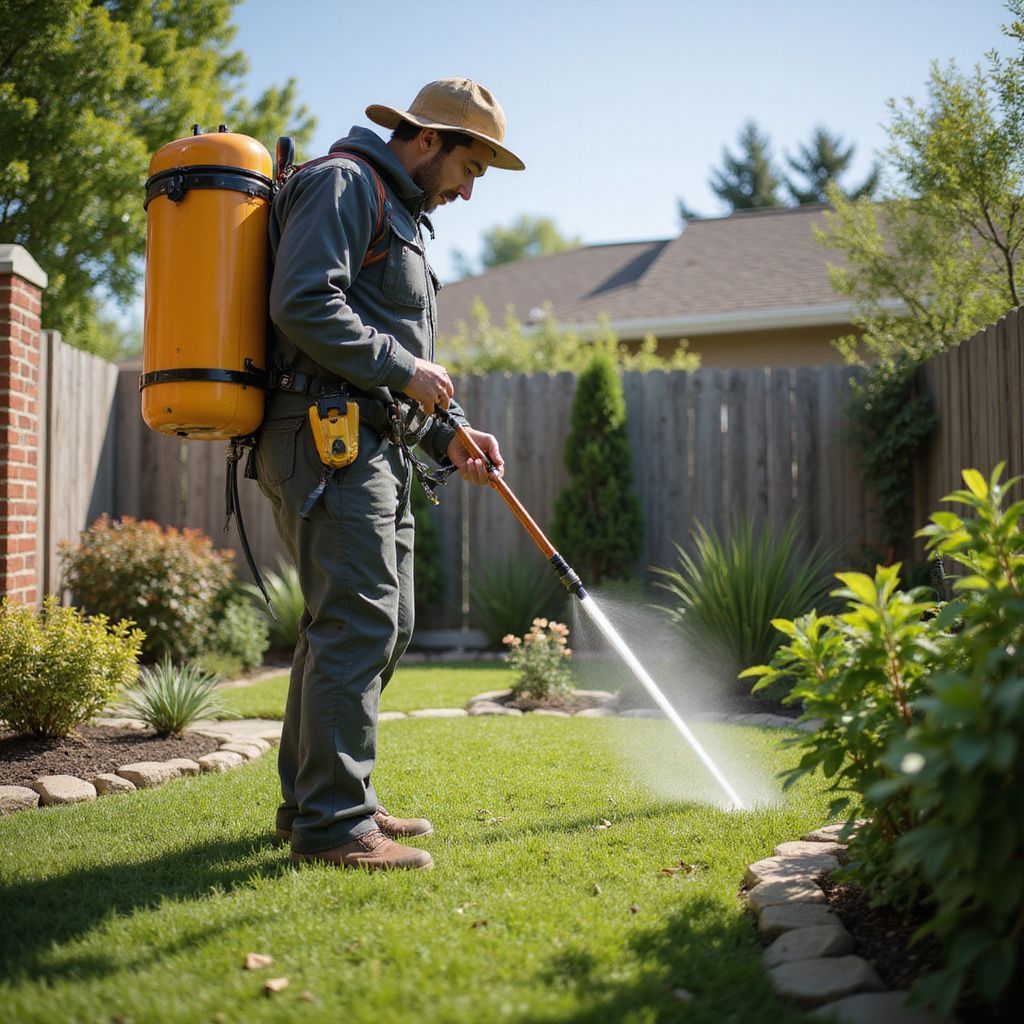 Man spraying yard with backpack sprayer. He's wearing a hat, coveralls, and spraying the grass next to some bushes.