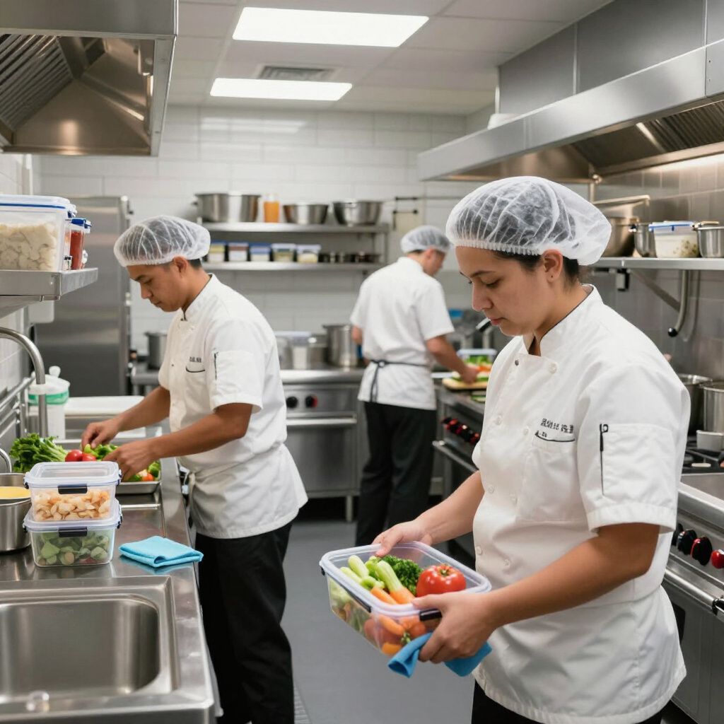 Three chefs in a commercial kitchen preparing food. One holds a container of vegetables; the others work near the sink.