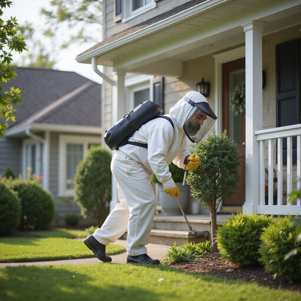 Person in protective suit spraying bushes in front of a house.