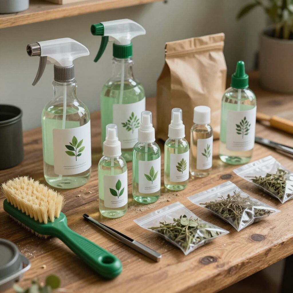 Various spray bottles and vials with green labels and a green brush on a wooden table.