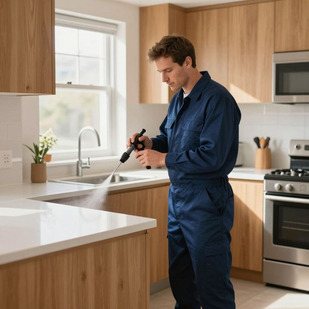 Man in blue jumpsuit power washing a white countertop in a kitchen.