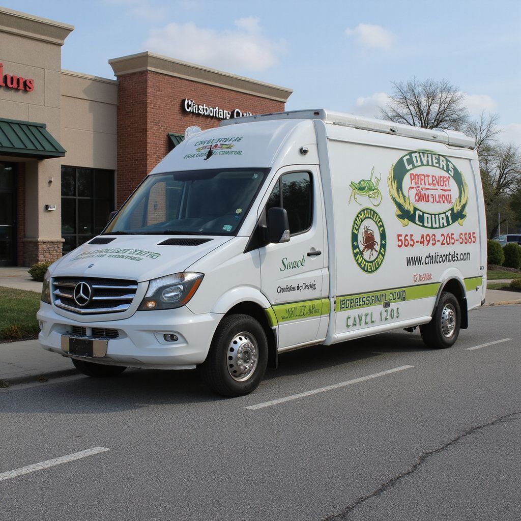 White pest control service van parked on a street near a commercial building with green accents.