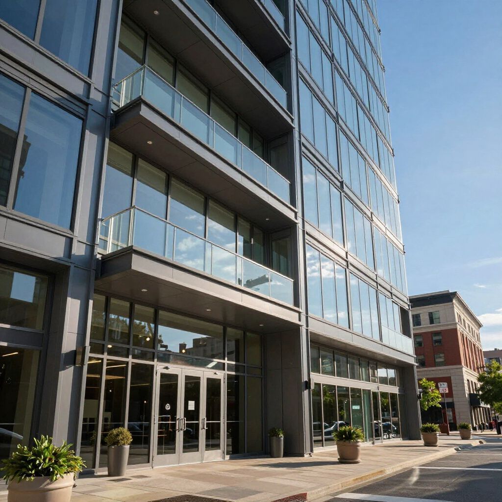 Modern glass and metal building with street-level entrance. Sunny day.
