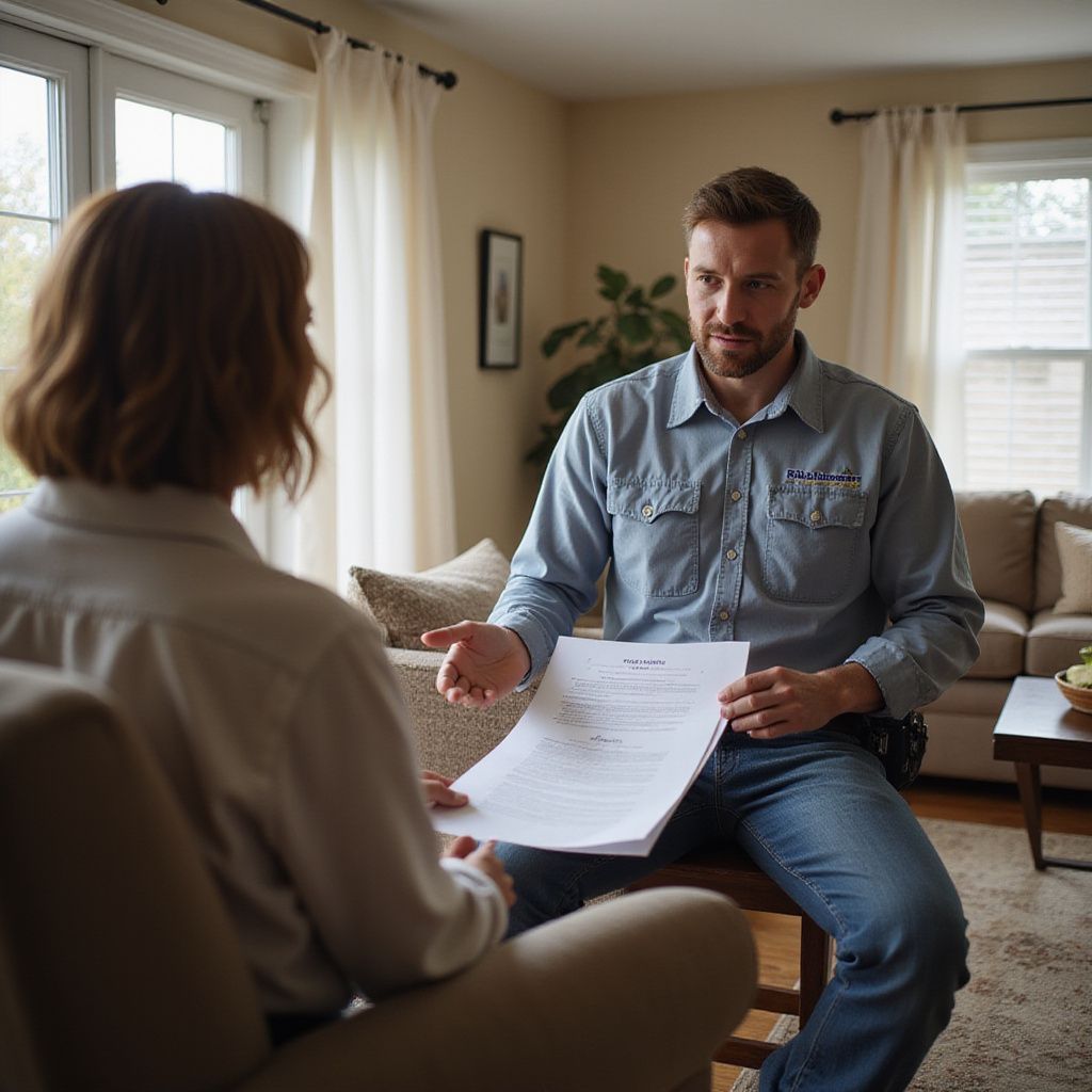 Man seated, showing documents to a person seated in an armchair, in a well-lit living room.