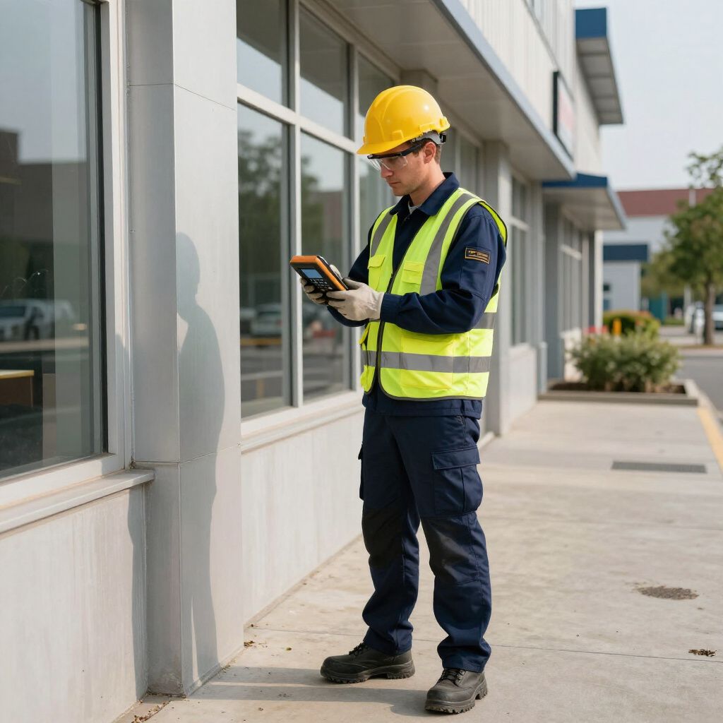 Man in safety gear using handheld device next to a building.