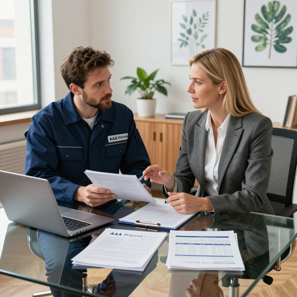 Man in blue work suit and woman in blazer reviewing documents at a desk.