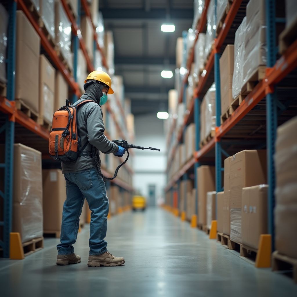 A person wearing safety gear sprays disinfectant in a warehouse with rows of packed shelves.