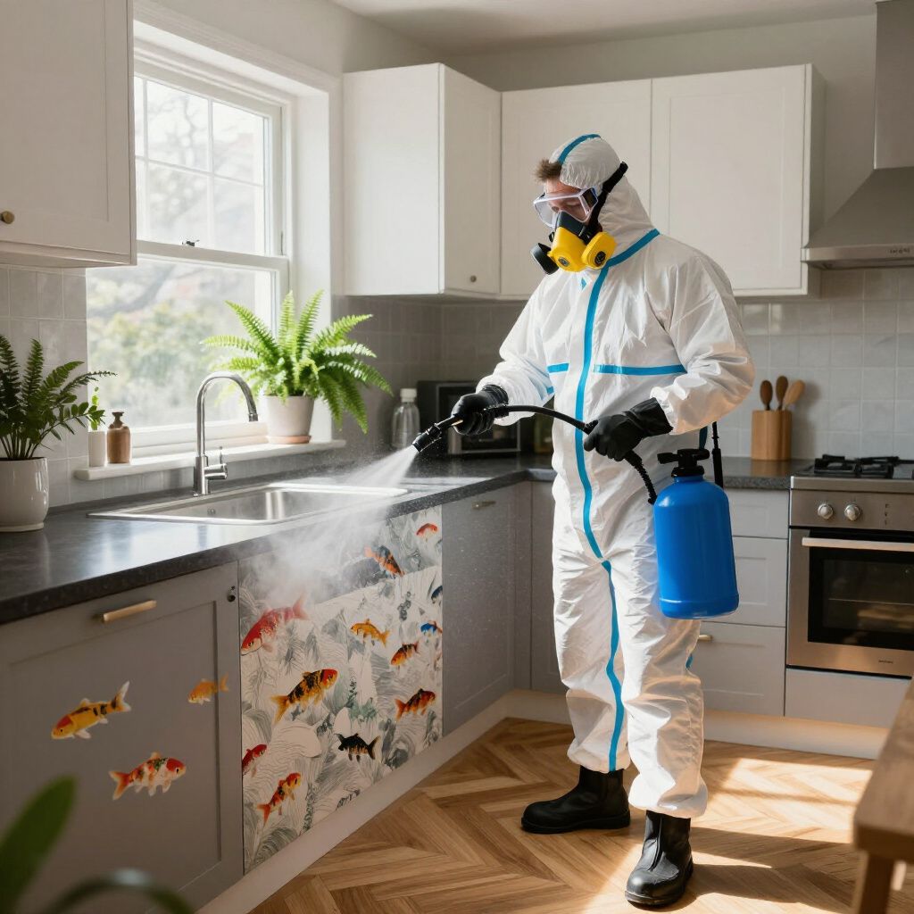 Person in hazmat suit spraying insecticide in a kitchen.