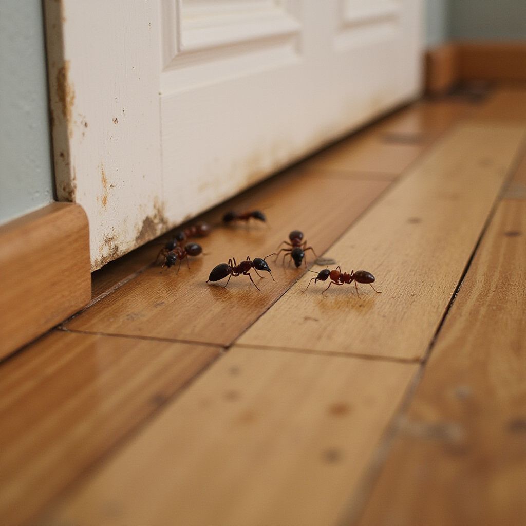Ants crawling on a wooden floor near a white door frame.