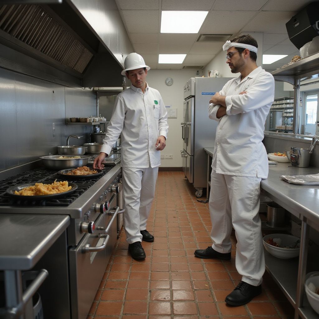 Two chefs in white uniforms in a commercial kitchen, one cooking, one observing with arms crossed.