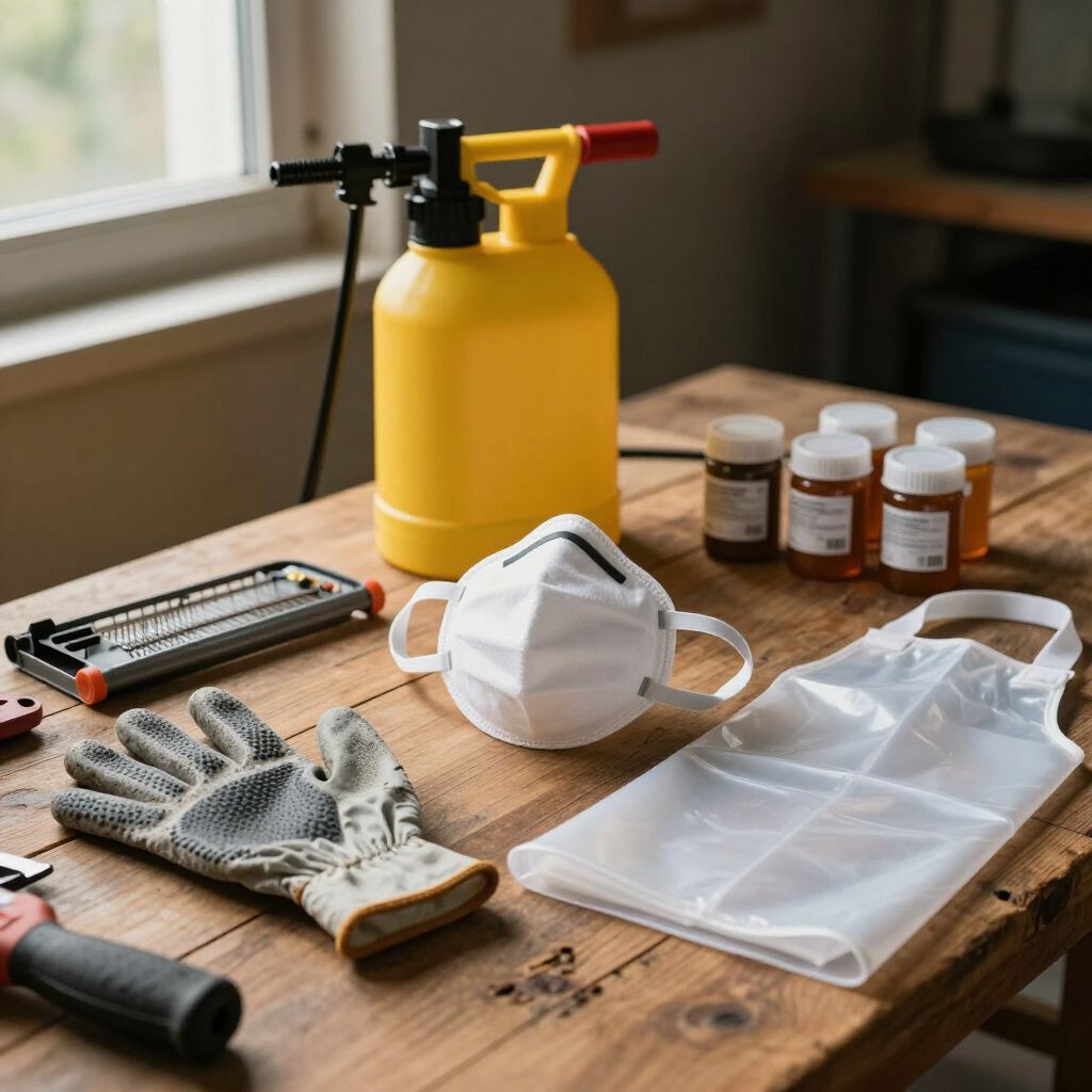 Yellow sprayer, mask, gloves, and containers on a wooden table, likely for pest control.