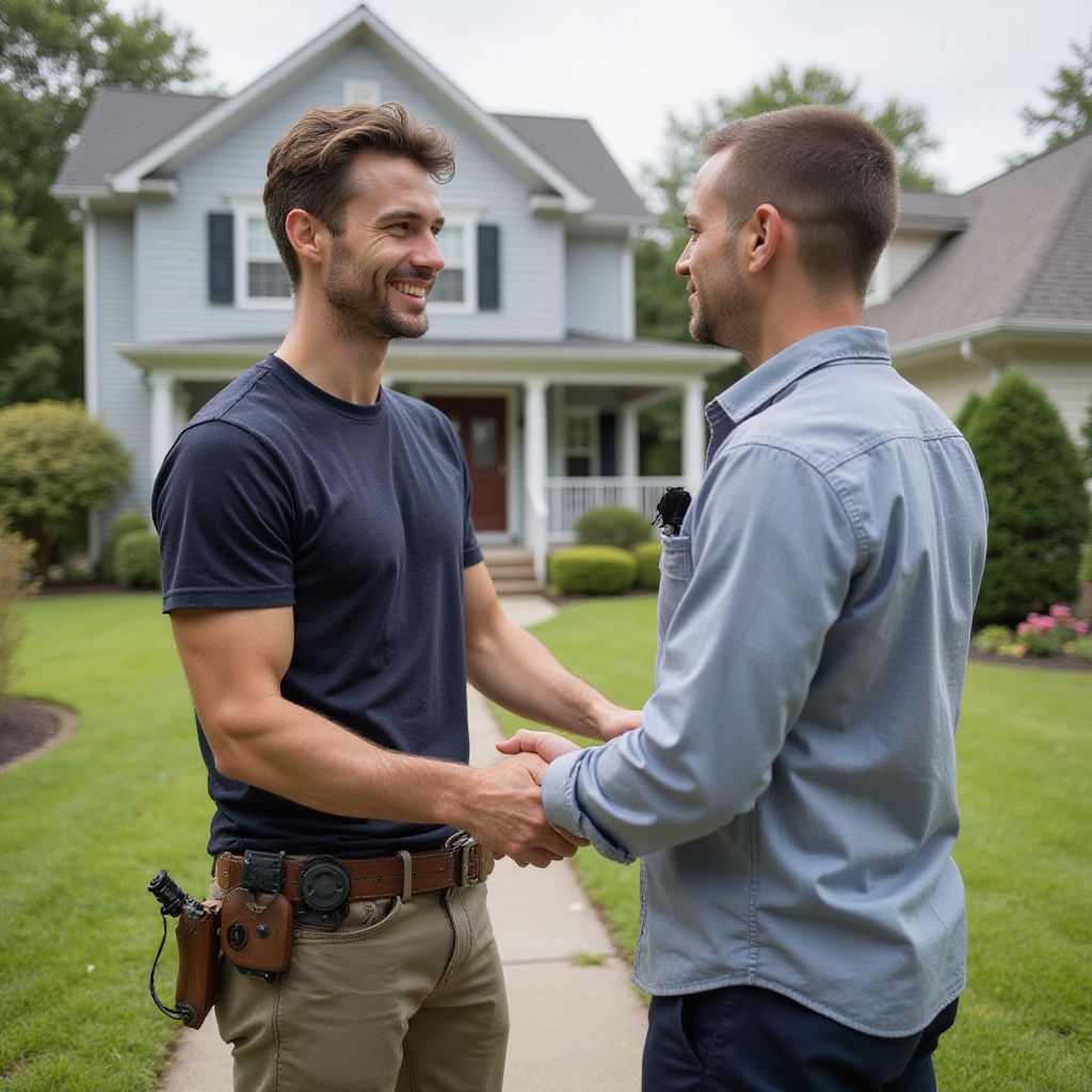 Two men shaking hands in front of a house. One wears a dark shirt and the other, a light blue one.