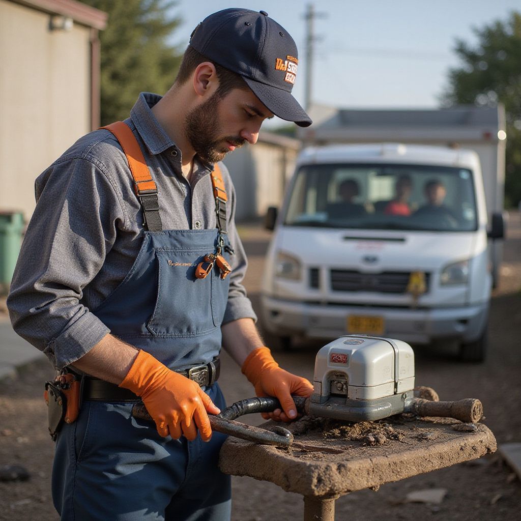 Man in overalls uses tool outdoors near a van, wearing a hat and gloves.