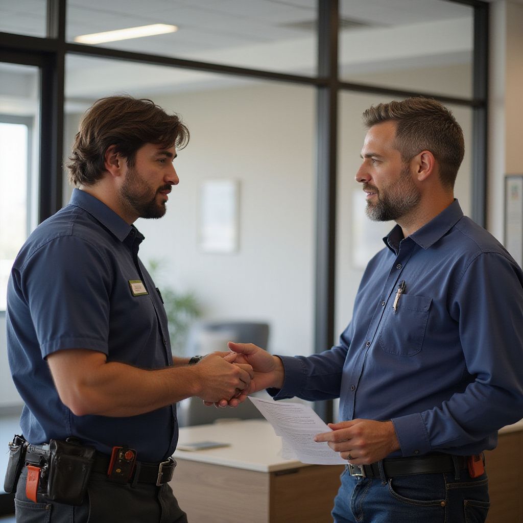 Two men shaking hands in an office setting, one in a uniform, the other holding papers.