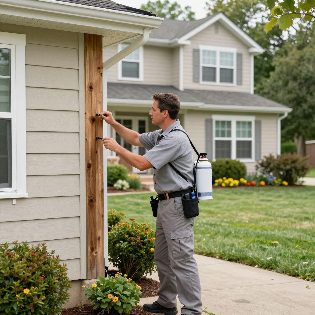 Pest control worker treating house exterior with sprayer.