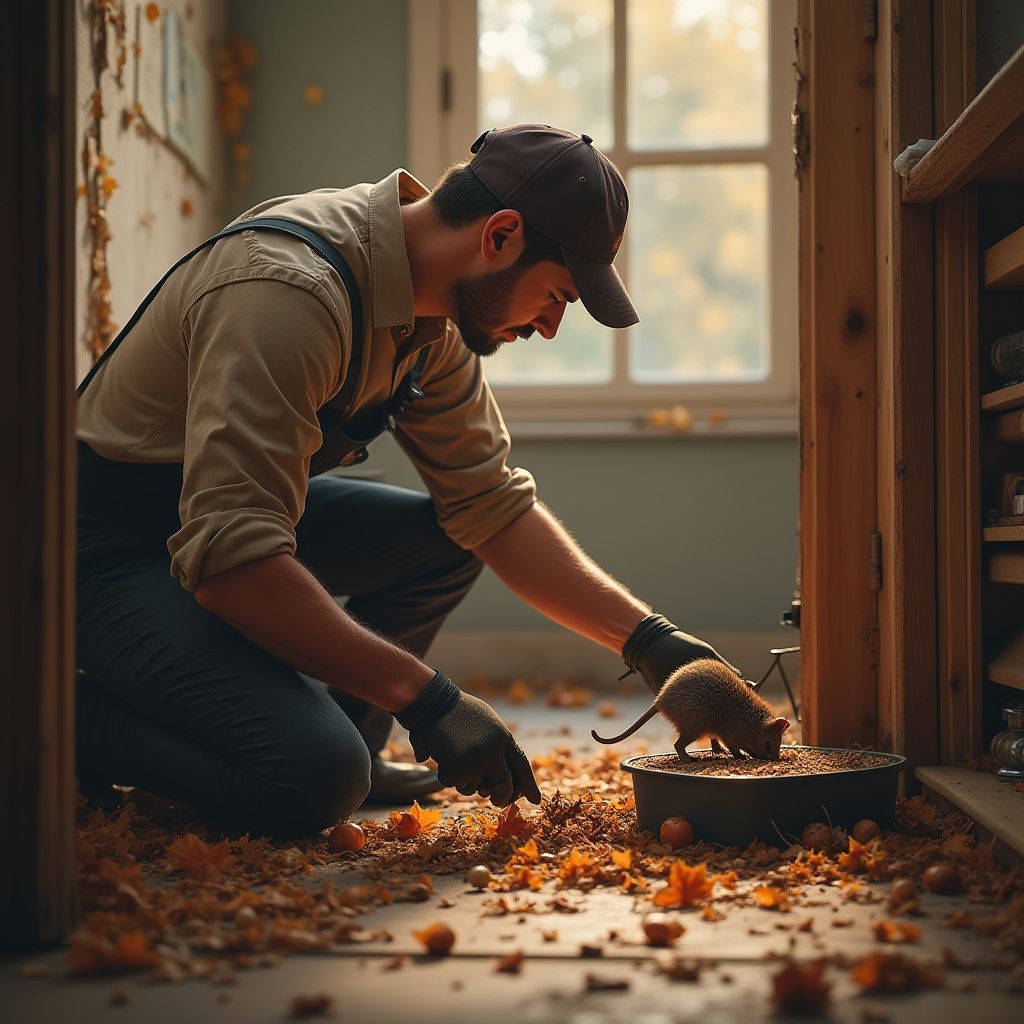 Man in overalls kneels, looking at a mouse near a trap. Wood shavings cover the floor. Sunlight streams through a window.