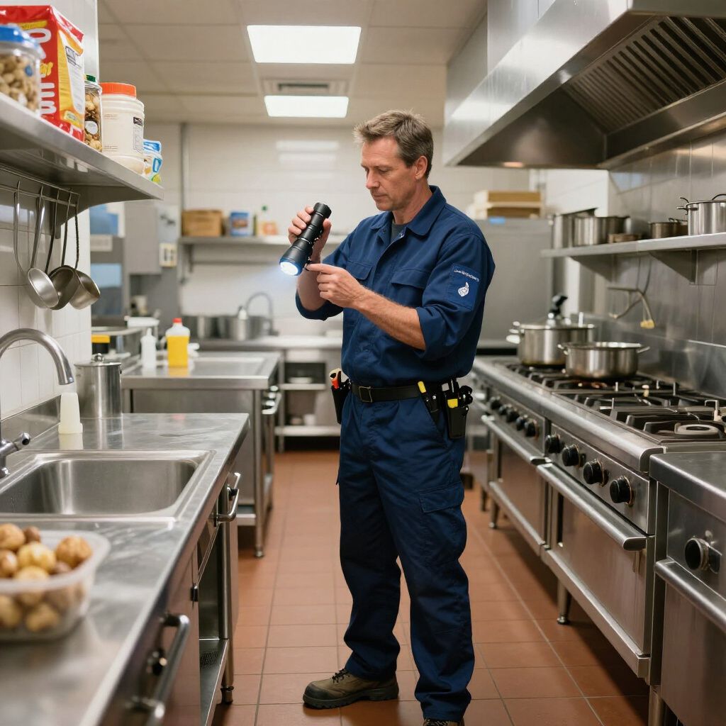 Man in blue uniform inspecting kitchen with a flashlight.