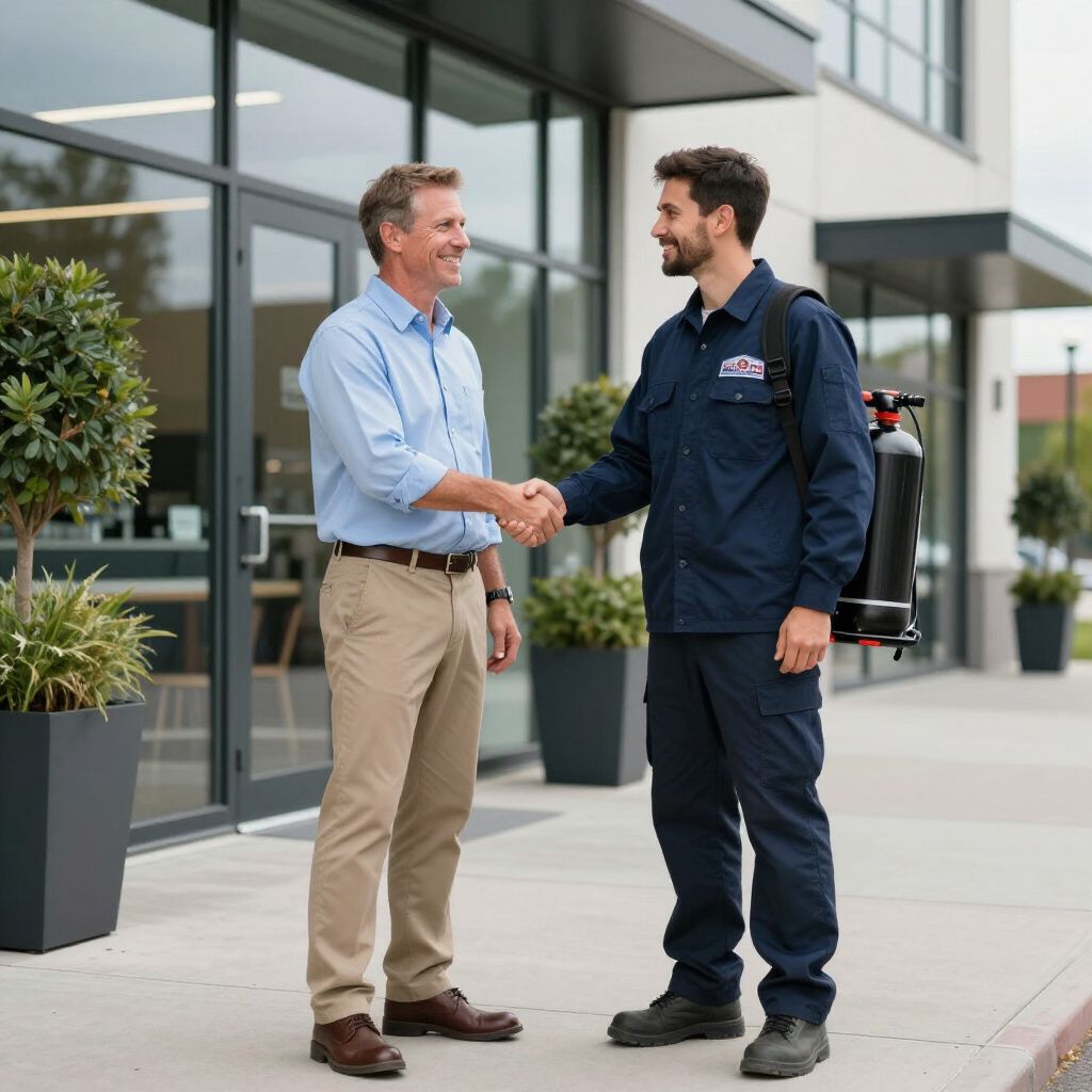 Man in blue uniform shaking hands with another man in front of a building.
