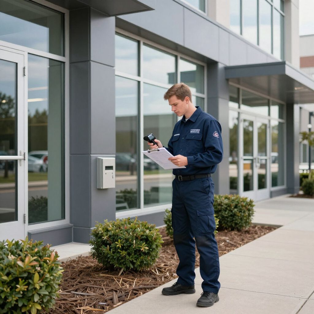 Maintenance worker scanning documents outside a building with glass windows, wearing a blue uniform.
