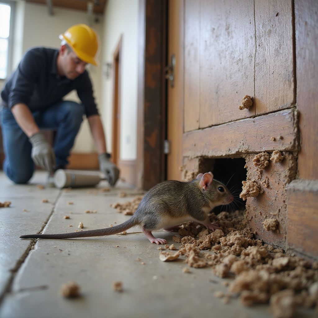 A mouse emerges from a damaged door. A person in a hard hat crouches nearby.