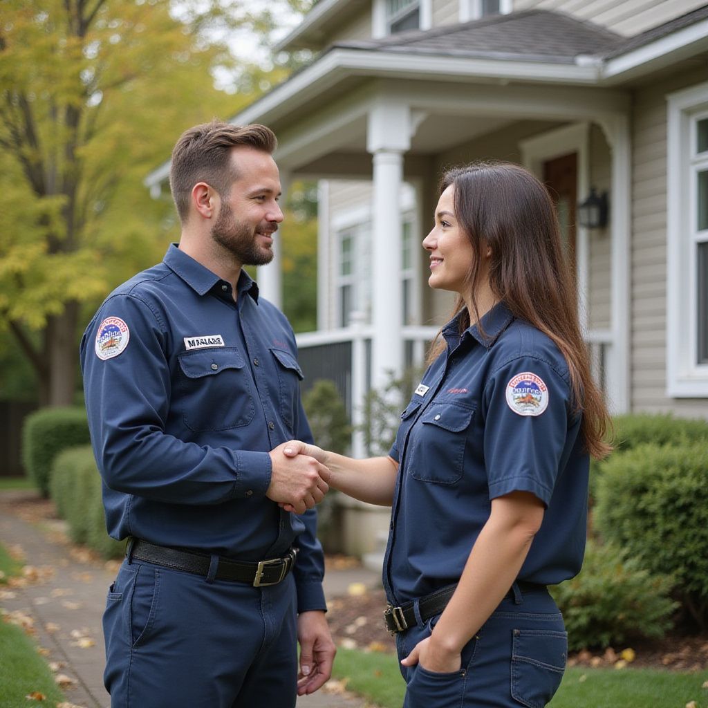 Two service workers in blue uniforms shake hands in front of a house.
