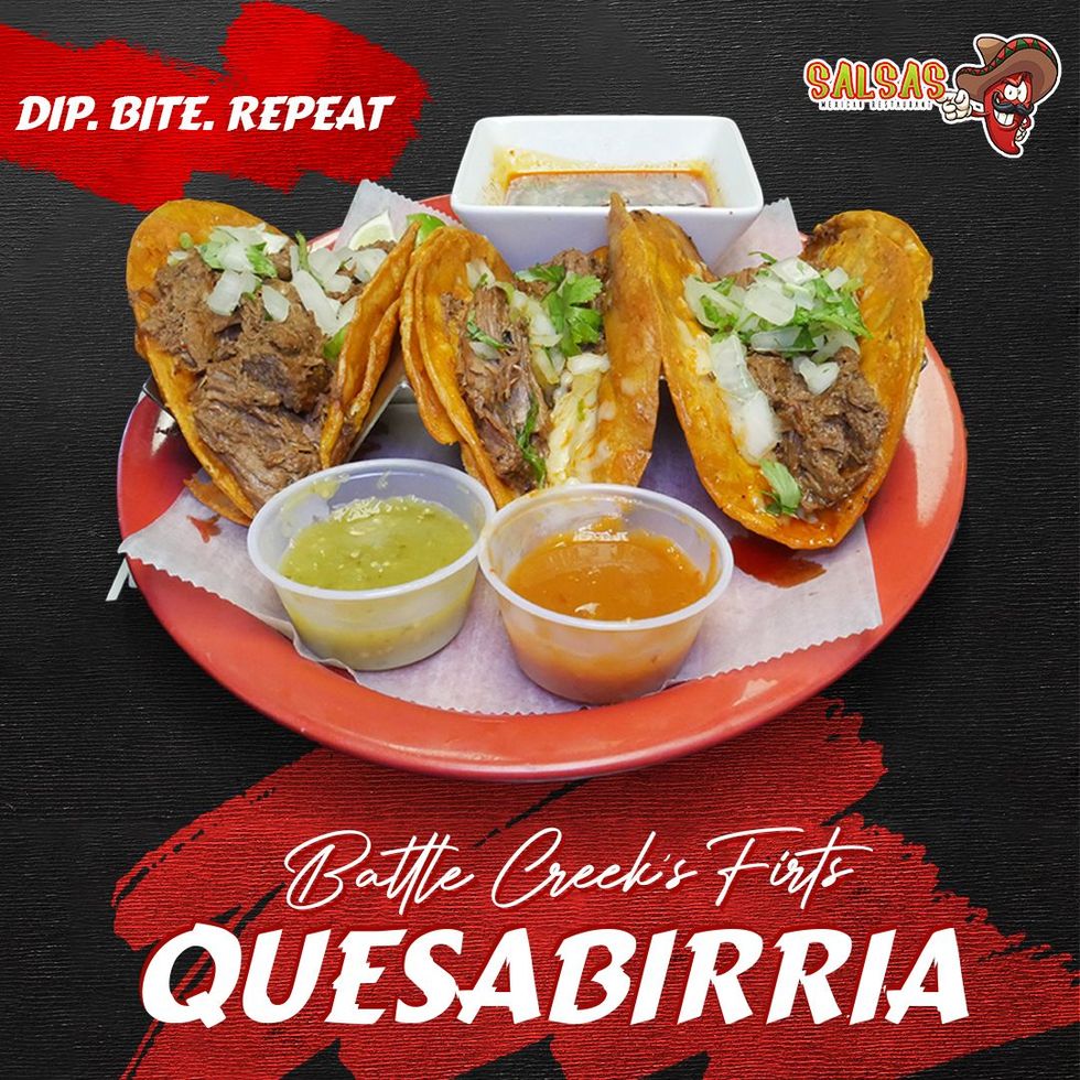 Battle Creek's first authentic Quesabirria tacos with consomé and salsas at Salsas Mexican Restaurant