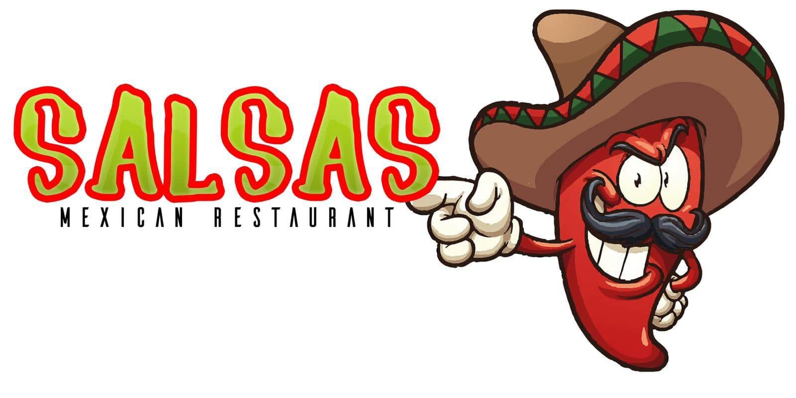 Salsas Mexican Restaurant logo featuring chili pepper mascot with hat and mustache, Battle Creek MI