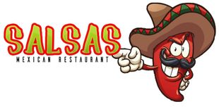 Salsas Mexican Restaurant logo featuring chili pepper mascot with hat and mustache, Battle Creek MI
