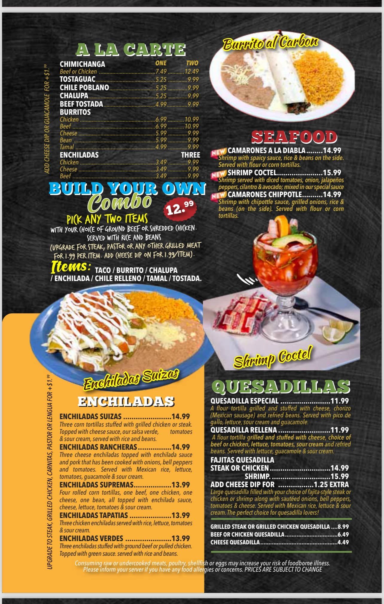 Salsas Mexican Restaurant menu featuring build your own combo enchiladas and quesadillas Battle Creek