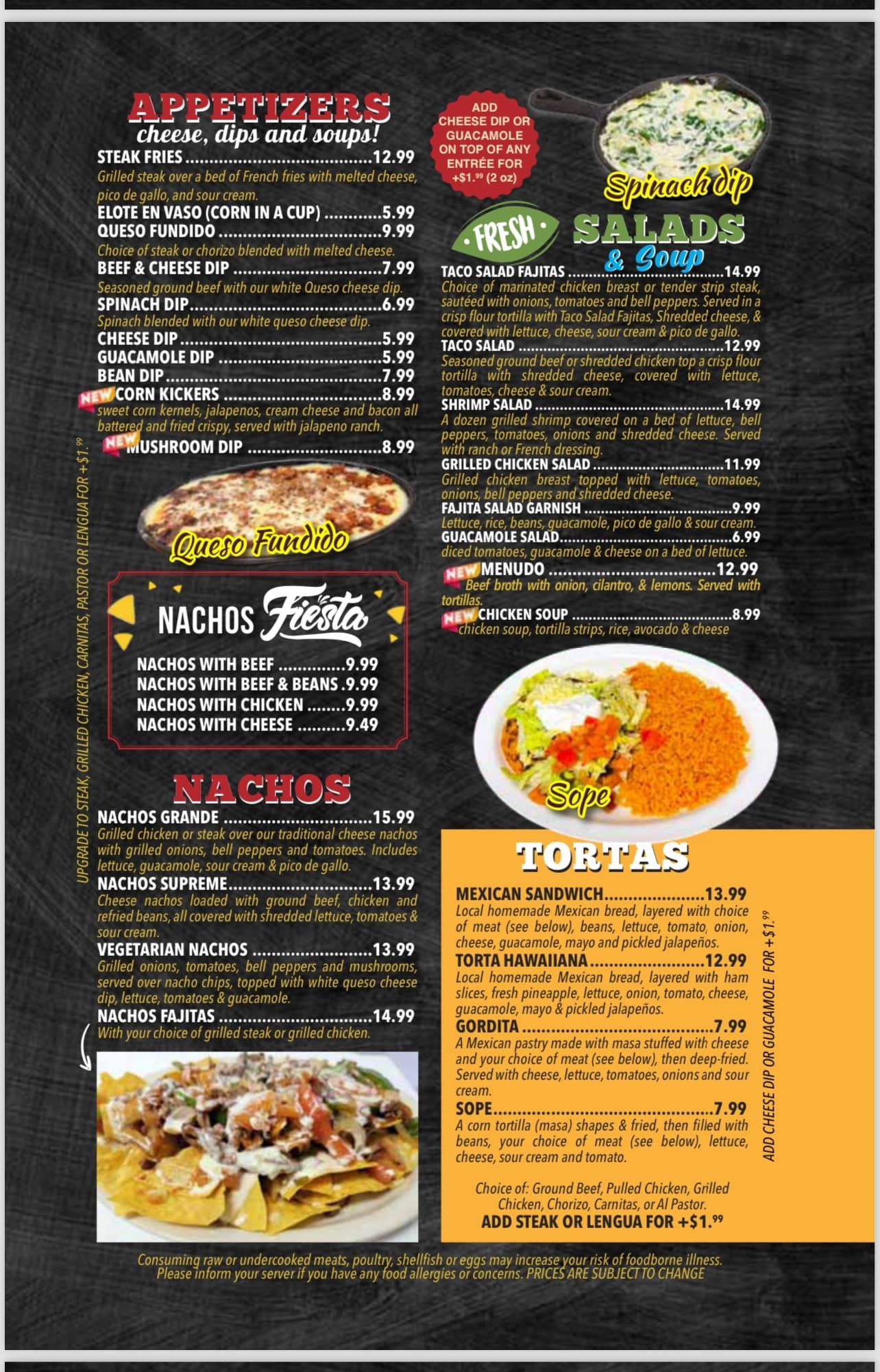 Salsas Mexican Restaurant menu page showing nachos tortas and authentic Mexican specialties