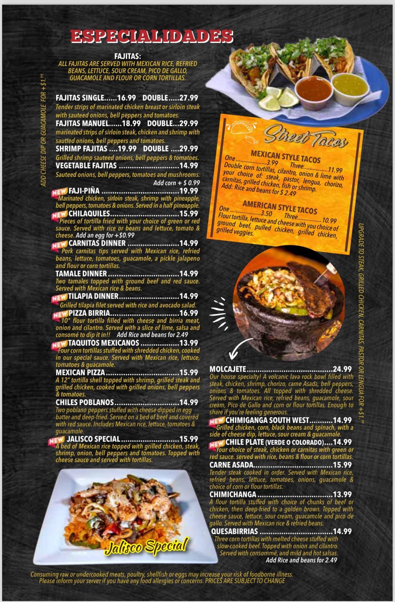 Salsas Mexican Restaurant menu featuring molcajete specialty and traditional Mexican dinners Battle Creek