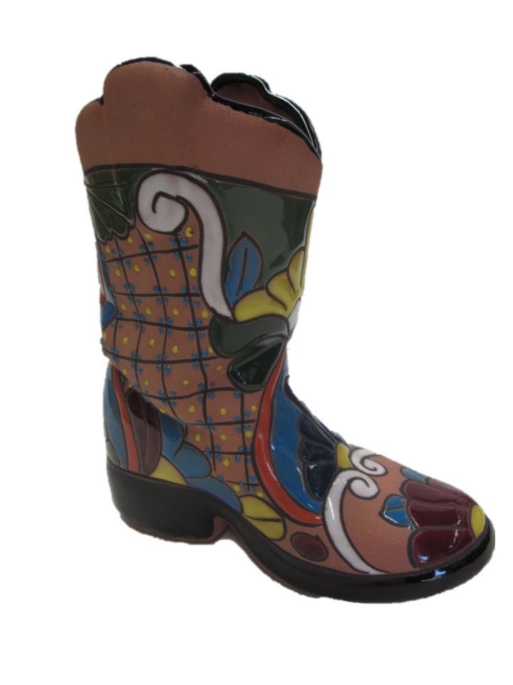 Colourful Ceramic Cowboy Boot With Floral and Geometric Designs — Mexican Homewares Australia in Brisbane, QLD
