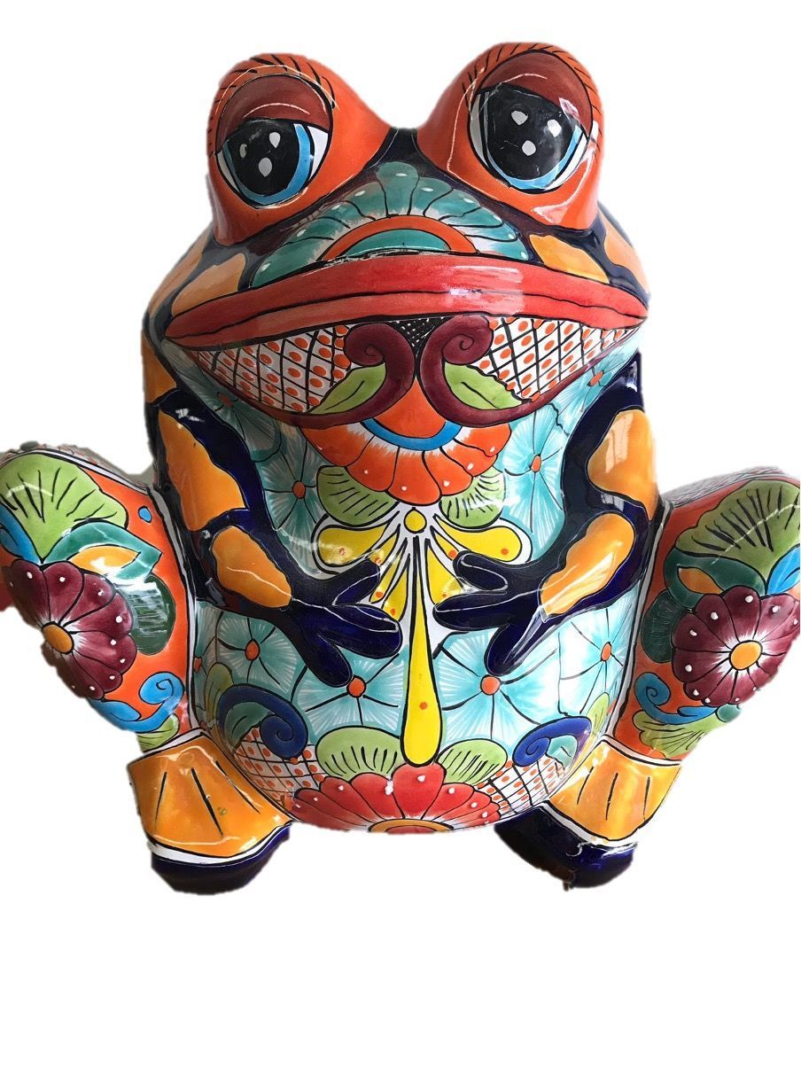 Colourful Ceramic Frog Sculpture With Orange, Blue, and Green Designs — Mexican Homewares Australia in Cairns, QLD