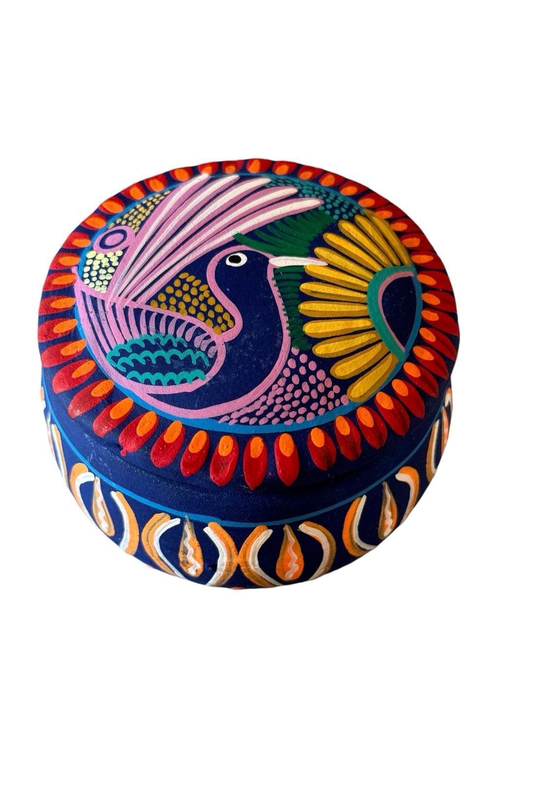 Blue, Round, Decorated Box With a Bird and Floral Pattern — Mexican Homewares Australia in Melbourne, VIC