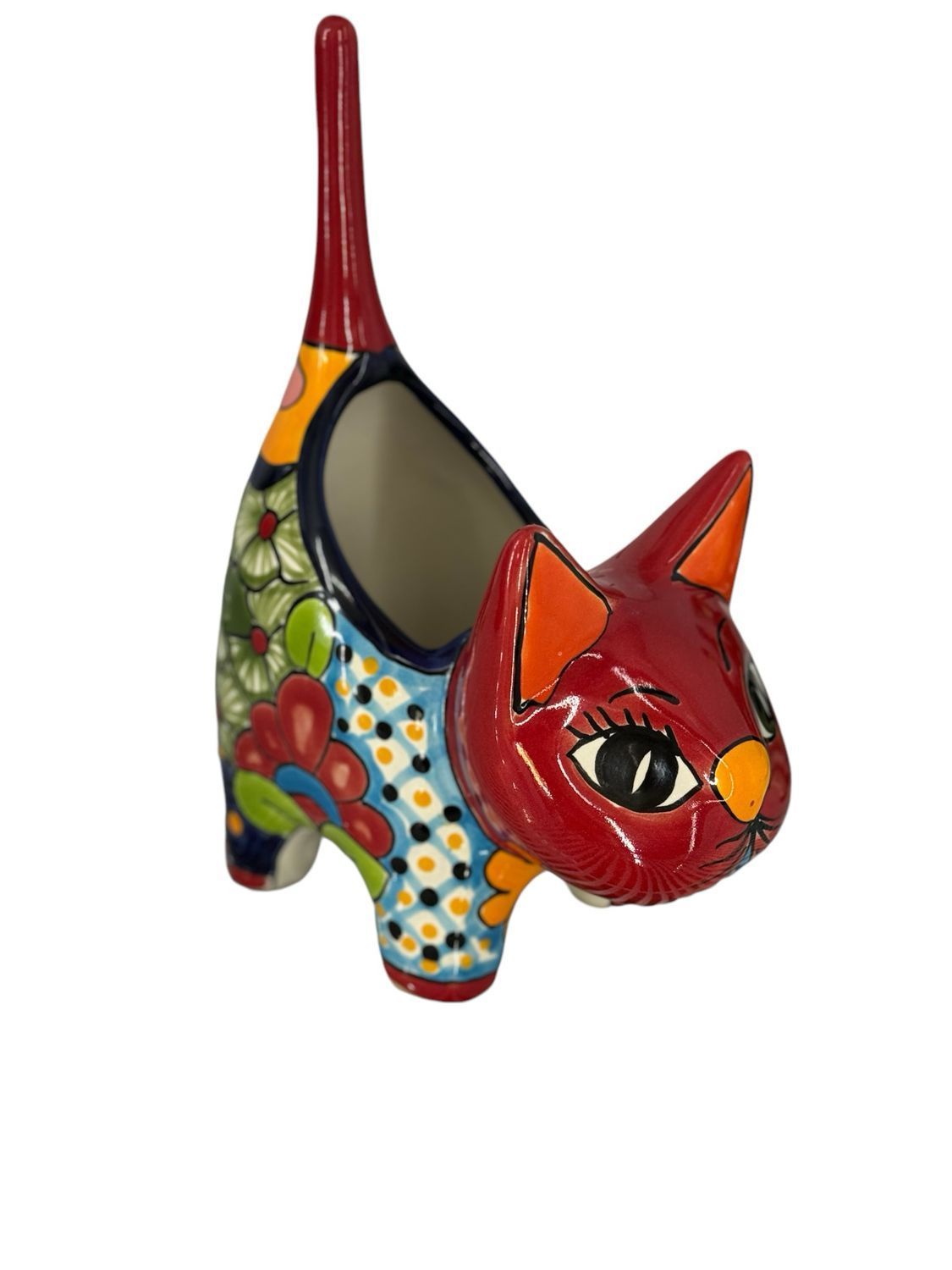 Ceramic Cat Planter, Red Head, Colourful Floral Pattern — Mexican Homewares Australia in Canberra, ACT