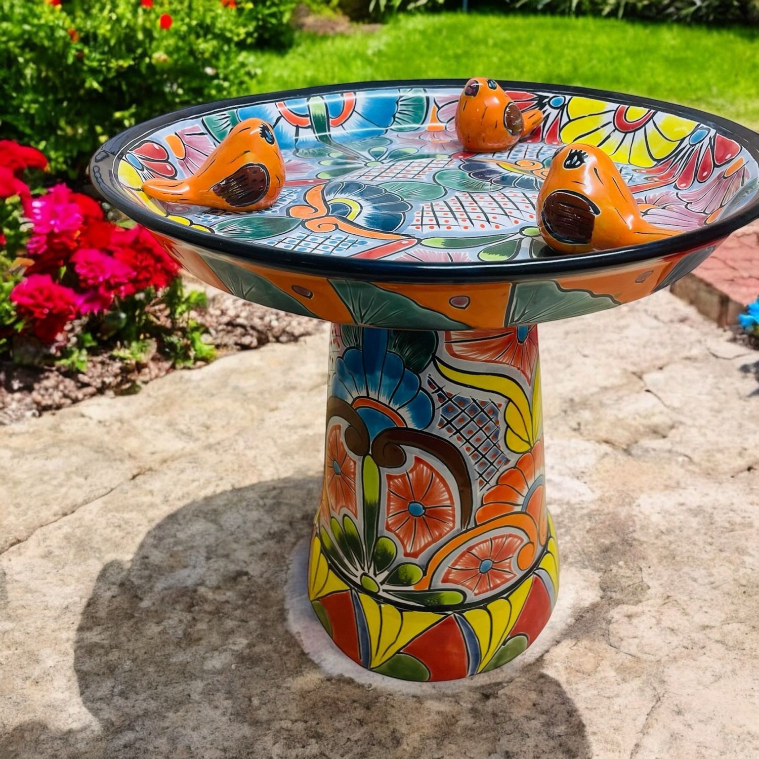 Colourful Ceramic Bird Bath With Decorative Birds — Mexican Homewares Australia in Brisbane, QLD