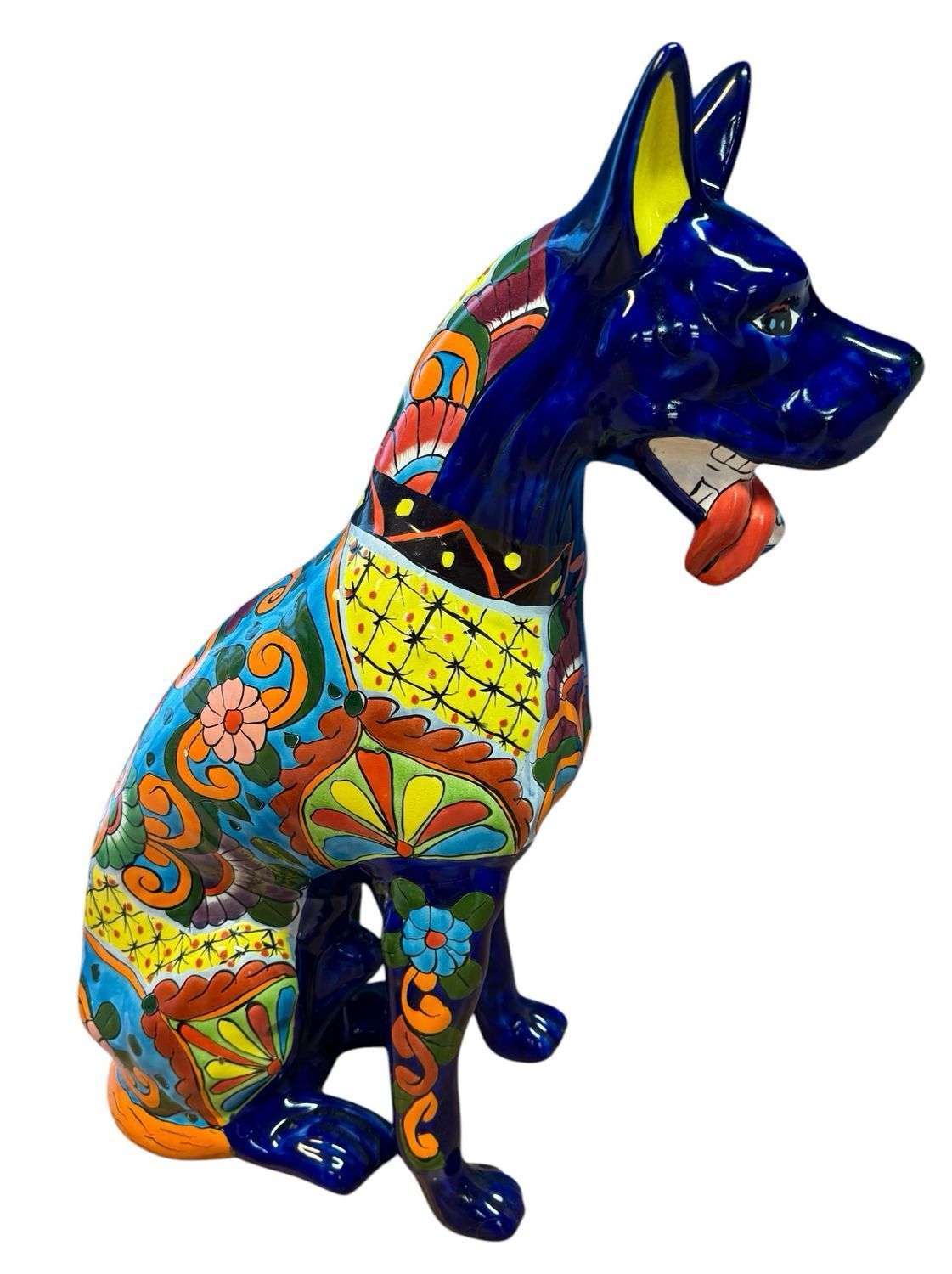 Ceramic Dog Figurine, Vibrant Blue With Floral and Geometric Patterns — Mexican Homewares Australia in Burleigh Heads, QLD
