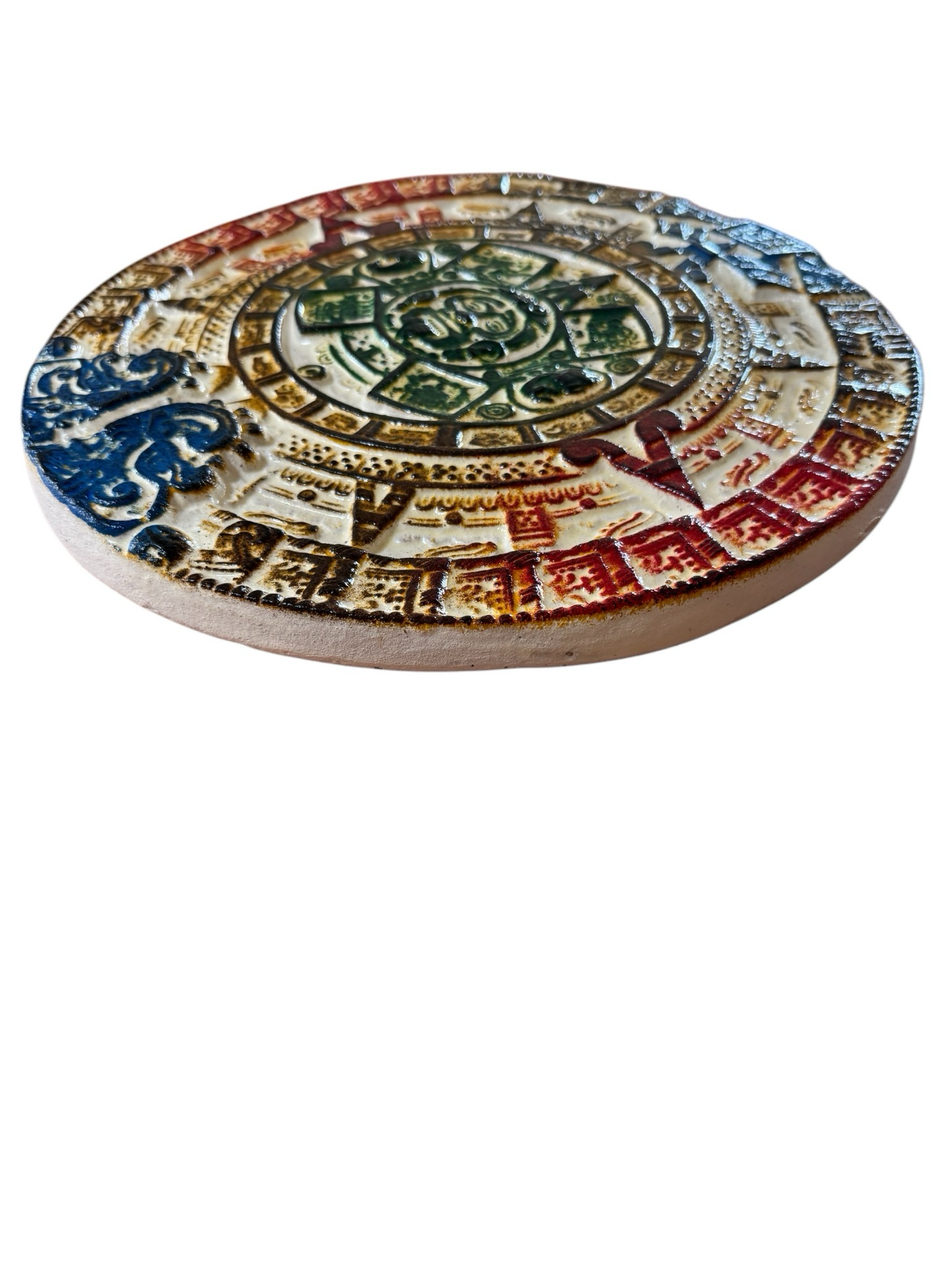Aztec Calendar Replica, Circular Design With Various Colors and Symbols — Mexican Homewares Australia in Burleigh Heads, QLD