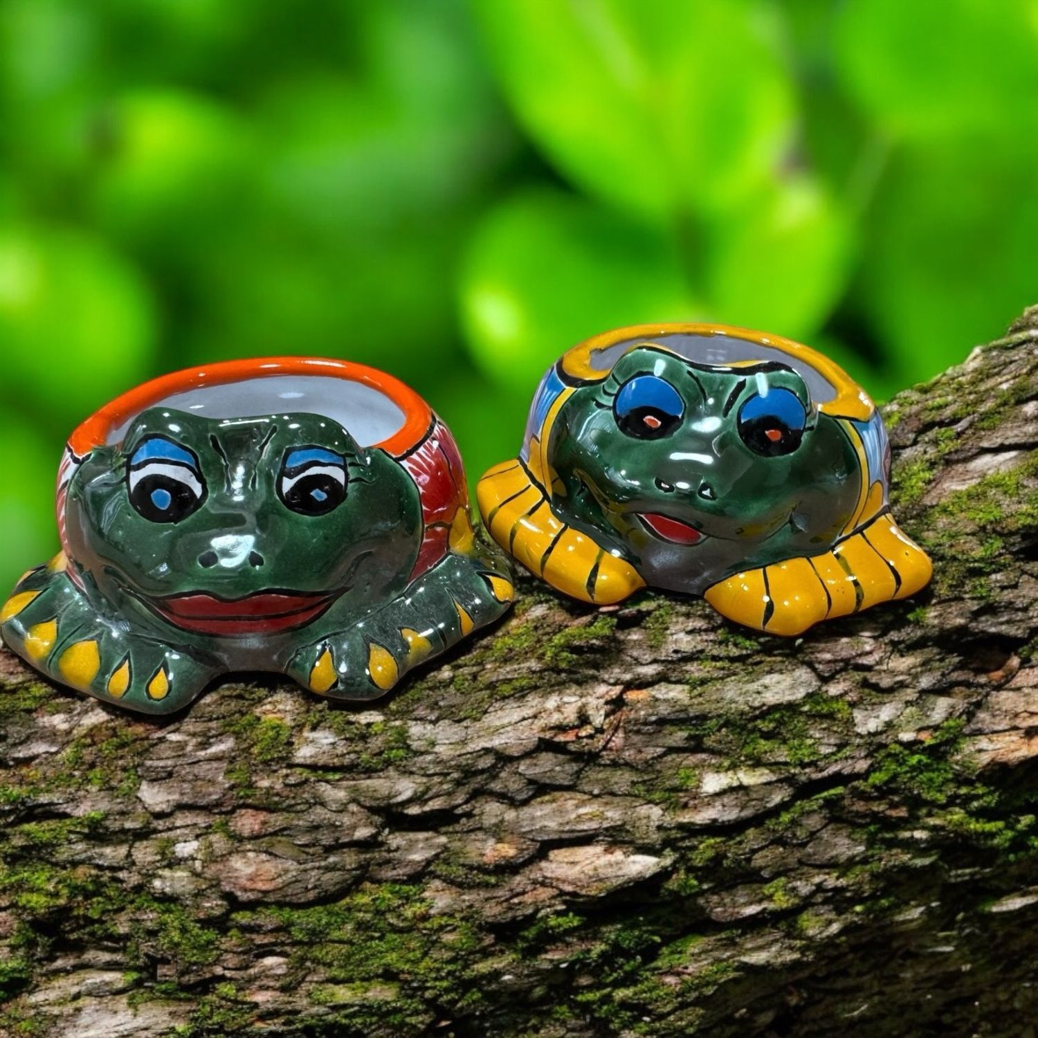 Two Ceramic Frog Planters, Green With Colourful Details — Mexican Homewares Australia in Melbourne, VIC