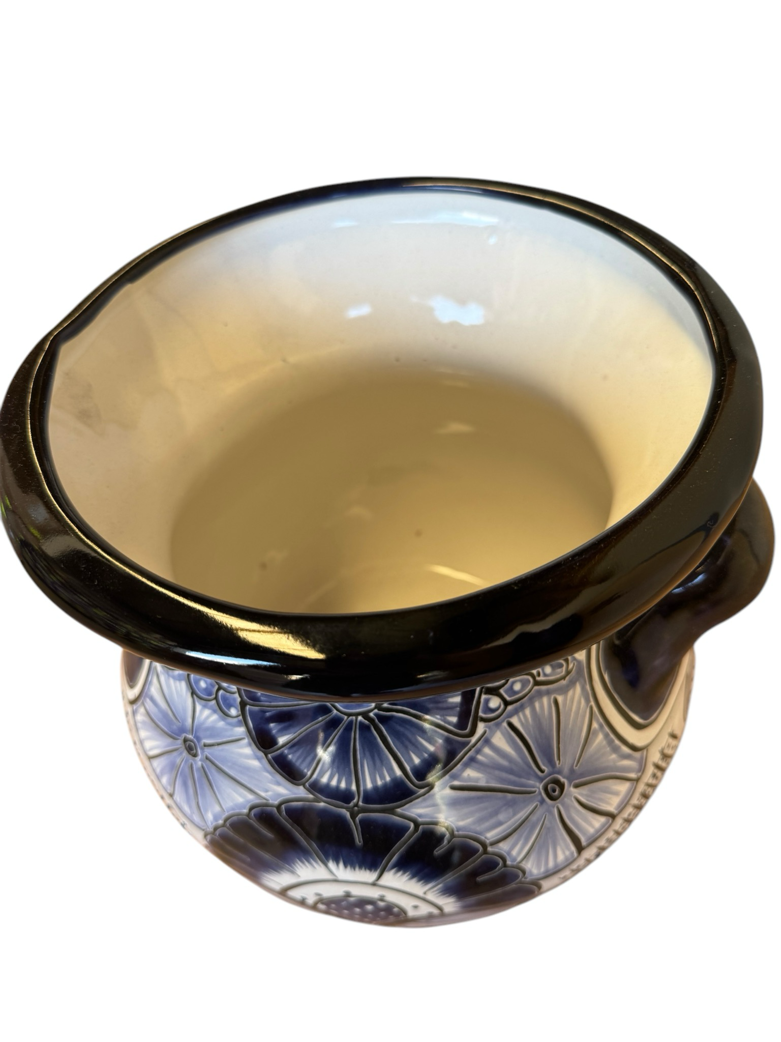 Ceramic Pot With Blue and White Floral Design, Black Rim — Mexican Homewares Australia in Burleigh Heads, QLD