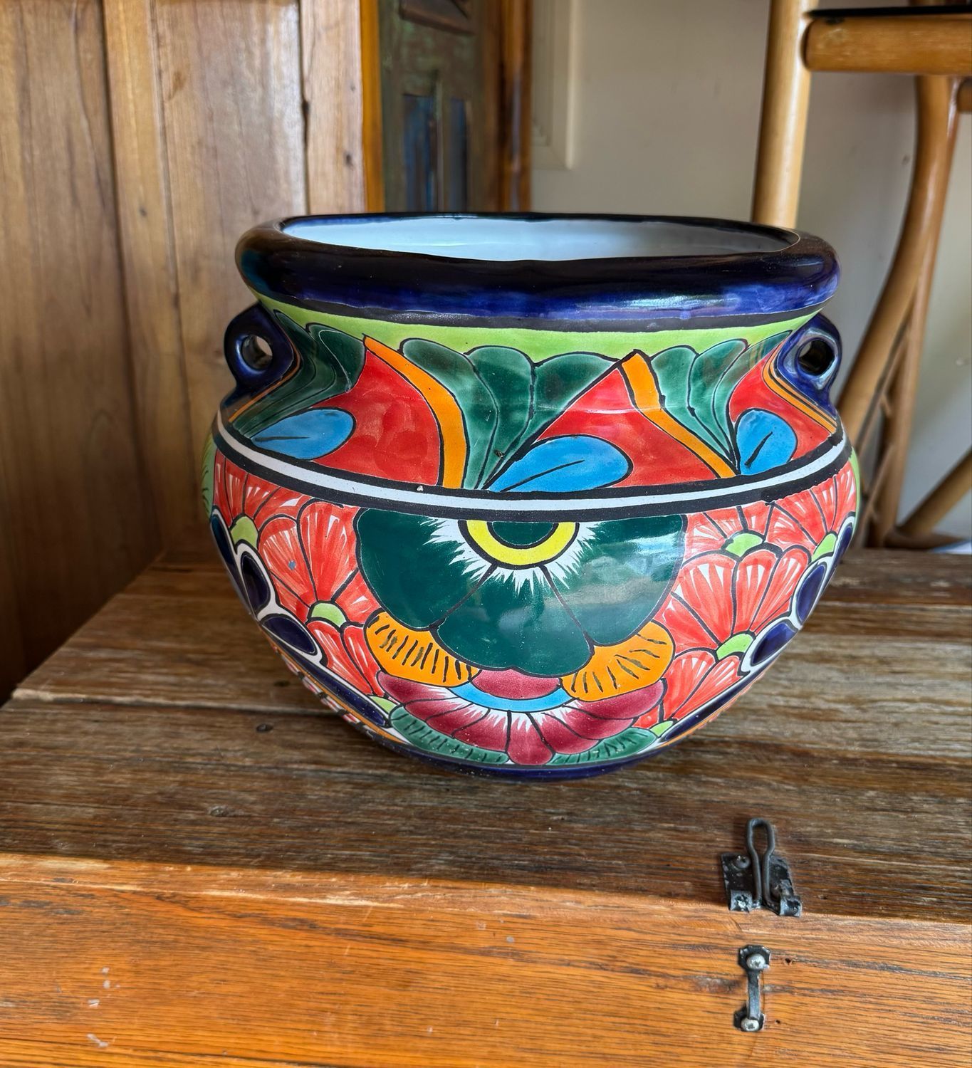 Colourful Talavera Pottery Bowl With Handles, Set on a Wooden Surface — Mexican Homewares Australia in Sydney, NSW
