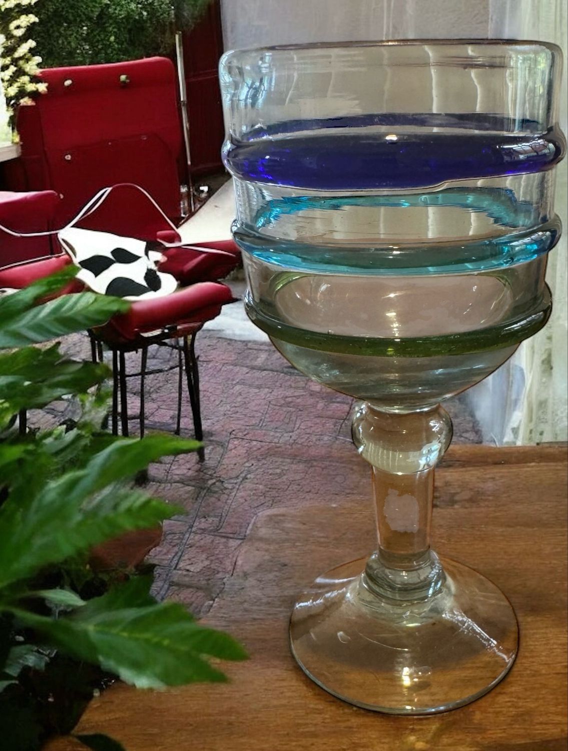 Tall Glass With Blue, Turquoise, and Green Rings, Filled With Liquid — Mexican Homewares Australia in Sydney, NSW