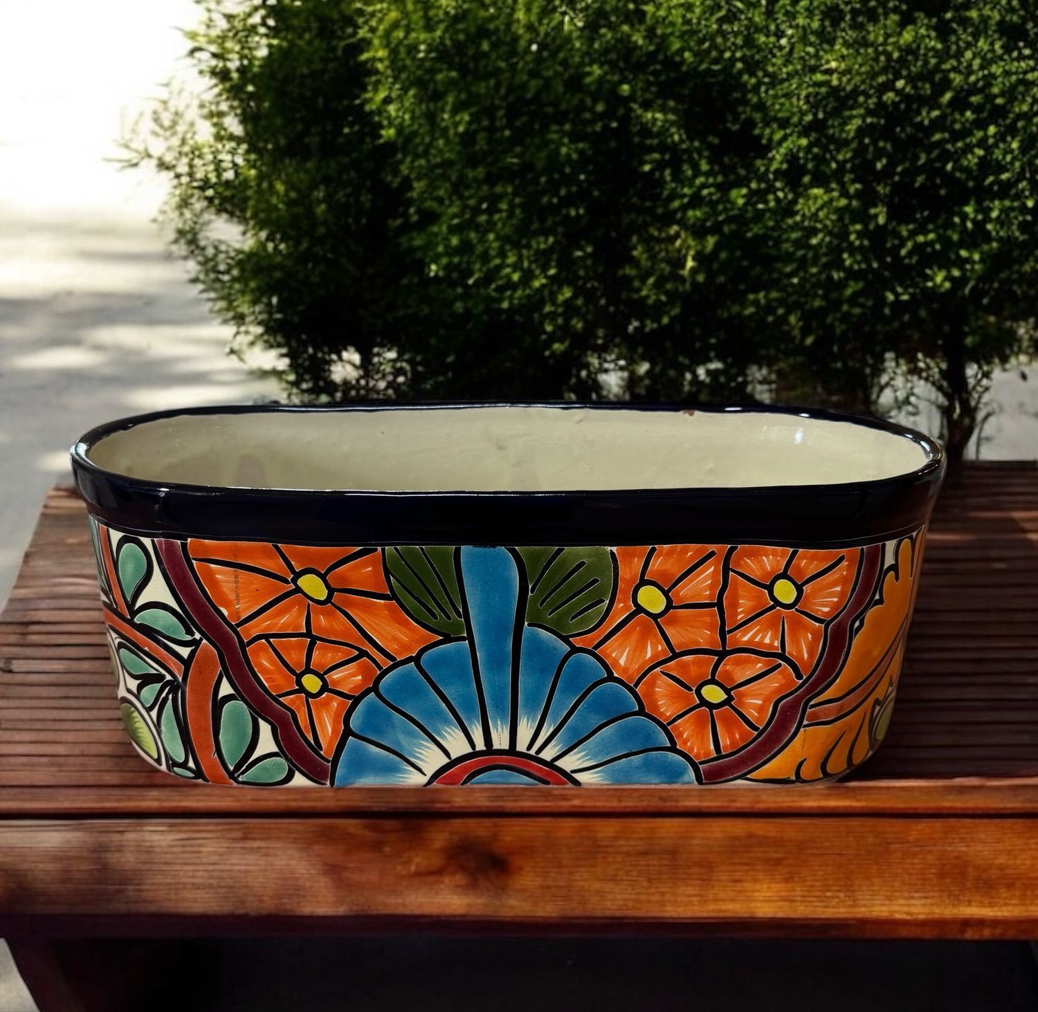 Rectangular, Ceramic Planter With Orange Floral Design — Mexican Homewares Australia in Cairns, QLD