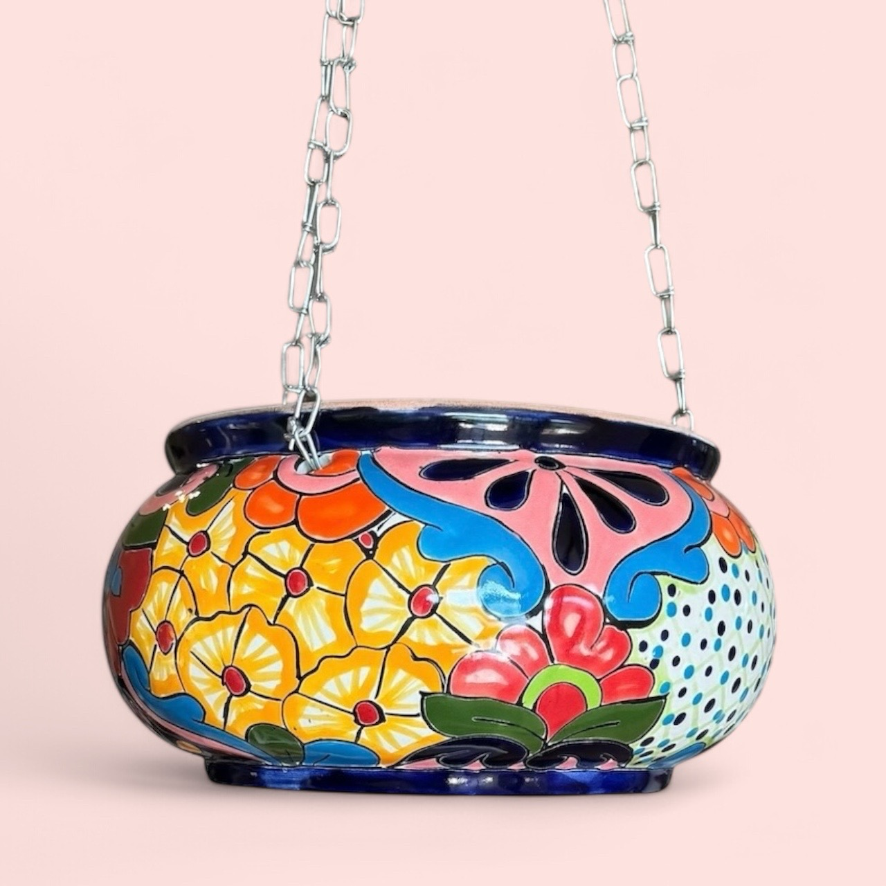 Colourful, Floral-painted Hanging Ceramic Planter With Blue Rim — Mexican Homewares Australia in Canberra, ACT