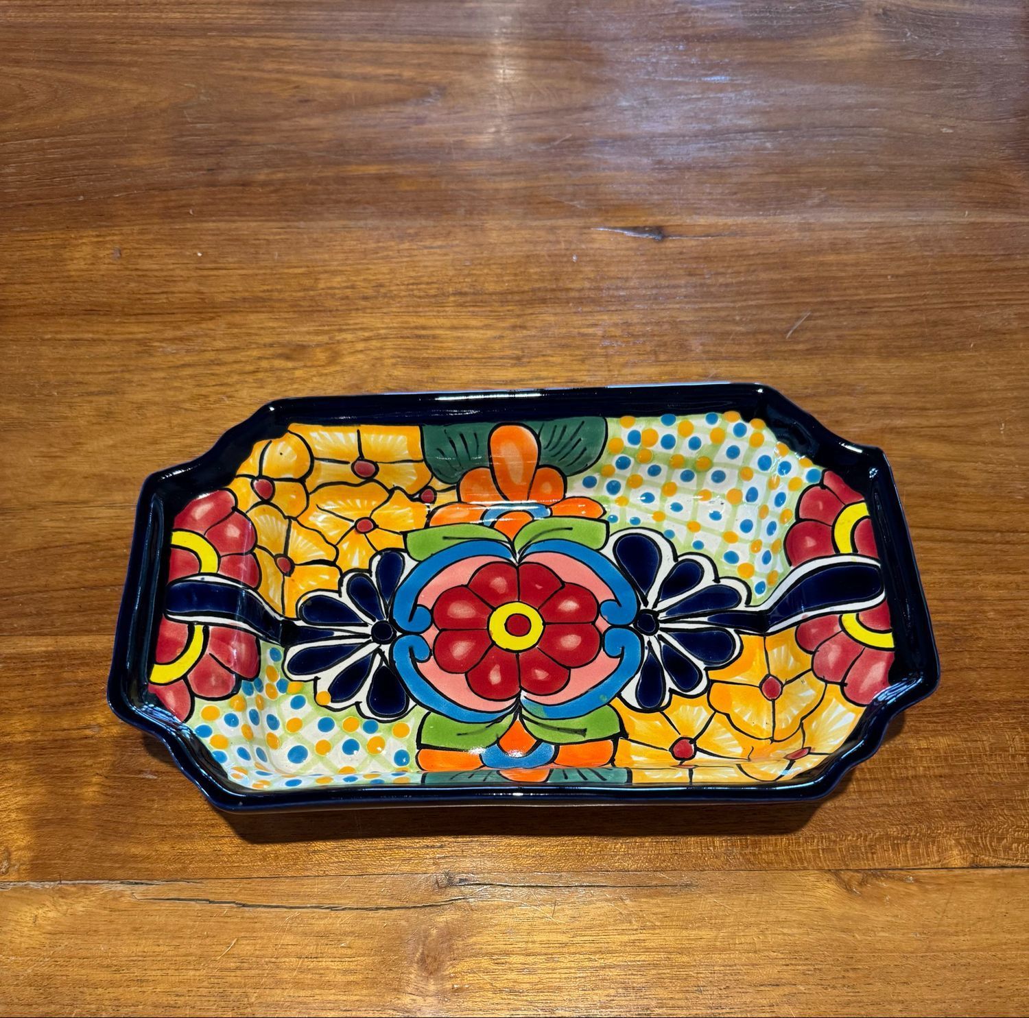 Colourful, Floral-decorated, Ceramic Tray on a Wood Surface — Mexican Homewares Australia in Cairns, QLD