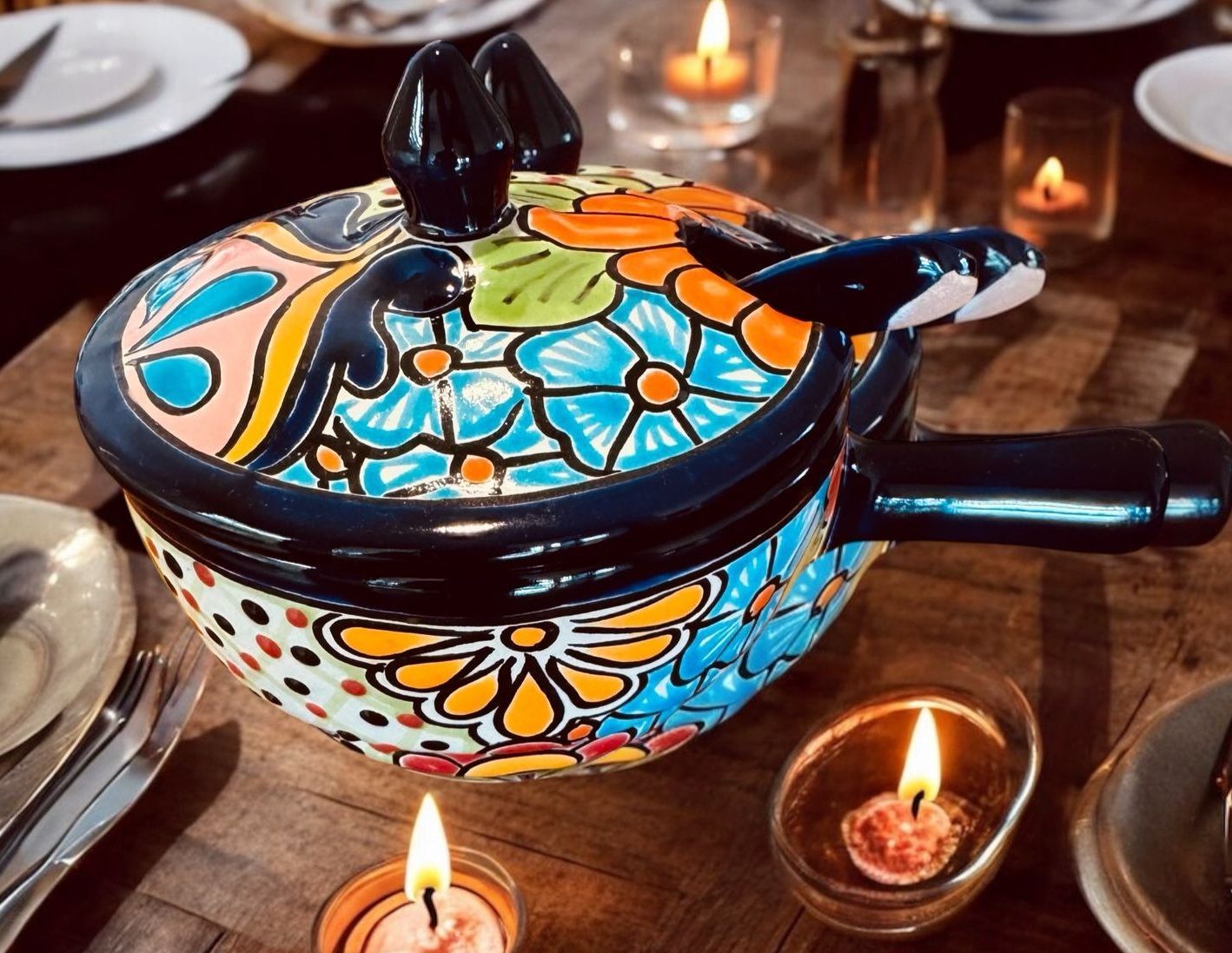 Colourful, Patterned Ceramic Pot With a Lid and Handle — Mexican Homewares Australia in Canberra, ACT