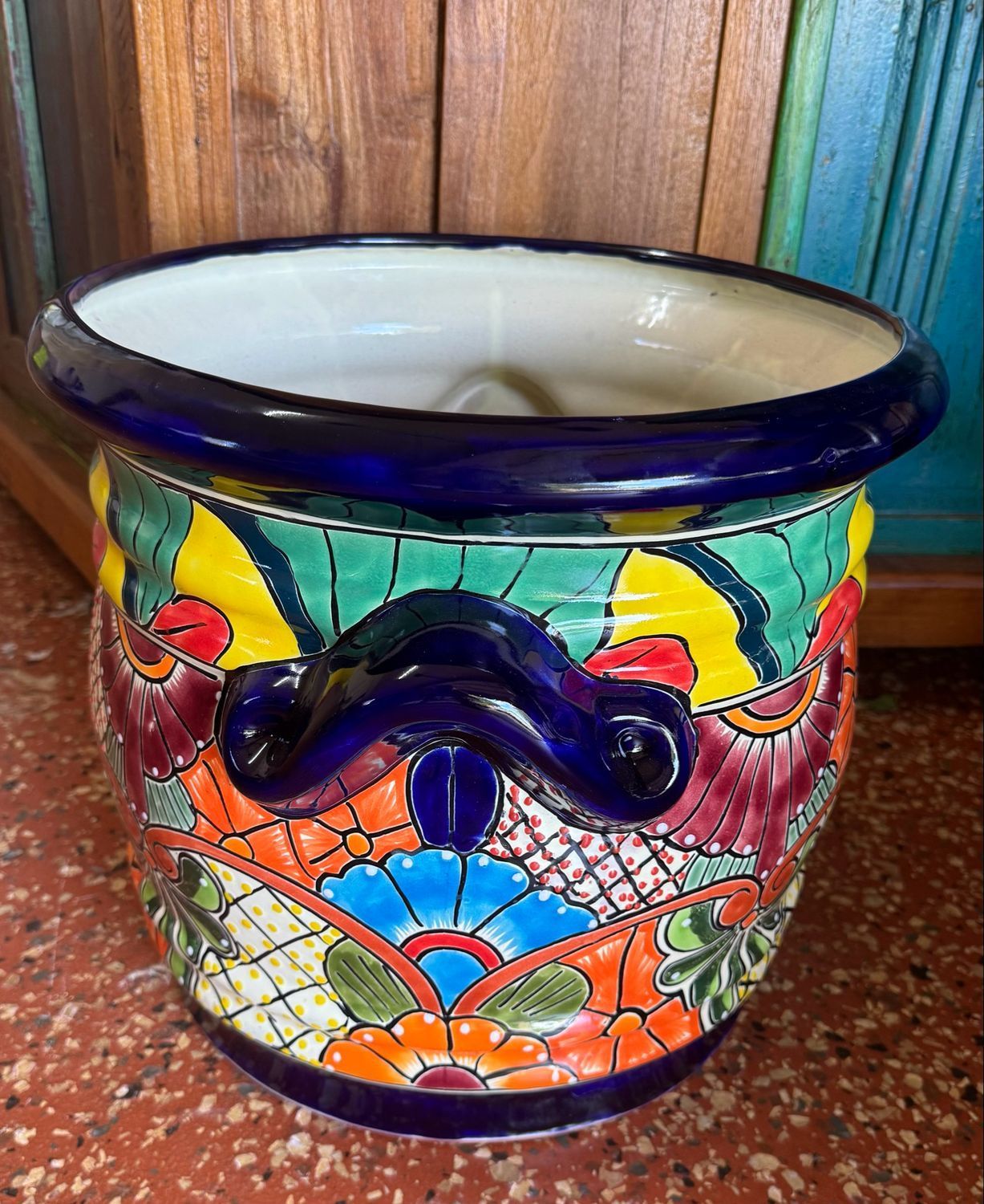 Colourful Ceramic Talavera Planter With Blue Rim and Handles, Floral Design — Mexican Homewares Australia in Melbourne, VIC